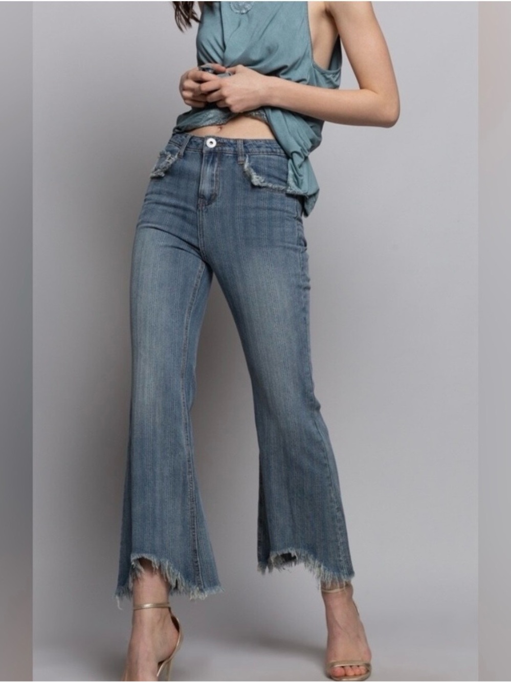 POL Blue Striped Raw Hem Cropped Flare High Waist Jeans S